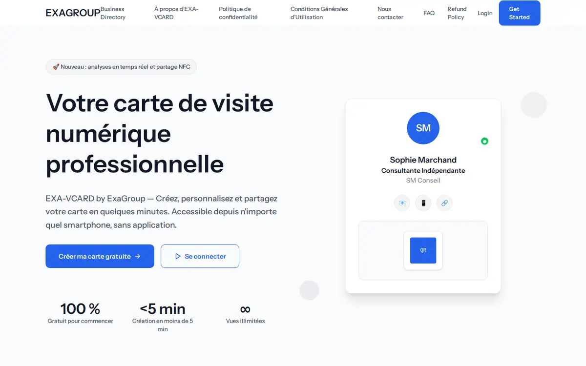 Page d'accueil de EXA-VCARD